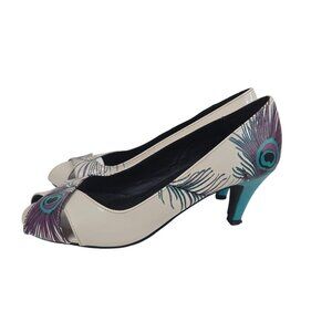 TUK Size 9 US Peacock Feather Heels Pumps Rockabilly Vegan Leather White Teal